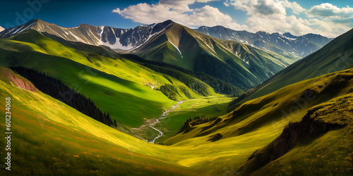 An image of a mountainous Georgian landscape - high mountains and a mountain valley covered with green grass. Generative AI