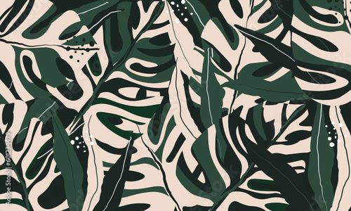 Modern exotic jungle plants vector seamless floral pattern background. Tropical palm, monstera leaves, jungle leaf