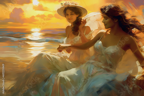 romance historical of two girls or women painted in lush historic fantasy novel style