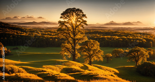A serene landscape of a meadow, rolling hills, and golden sunlight during sunset, with two lone tree standing tall in the center. landscape photography, generative ai