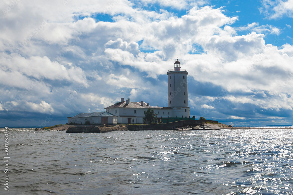 Tolbukhin island lighthouse, Saint-Petersburg, Kronstadt, Gulf of Finland view, Russia in a summer sunny day, lighthouses of Russia travel