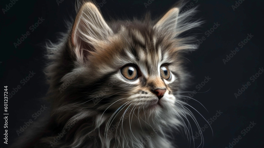 little fluffy kitten on a gray background looking up. studio portrait of gray kitten. AI Generative