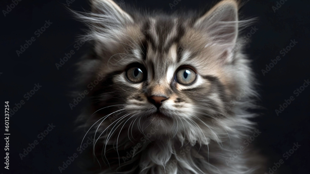 little fluffy kitten on a gray background looking up. studio portrait of gray tabby. AI Generative