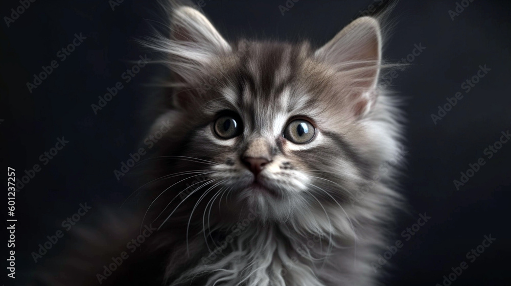 little fluffy kitten on a gray background looking up. studio portrait of gray kitten. AI Generative