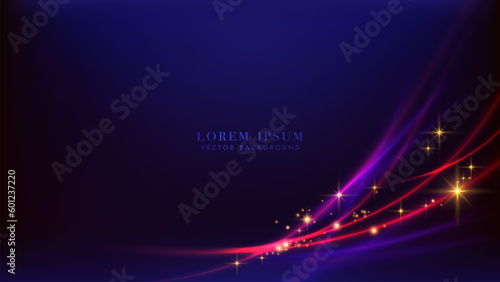 Abstract colorful neon light curve beam and glittering light effects elements on dark blue background. Vector illustration