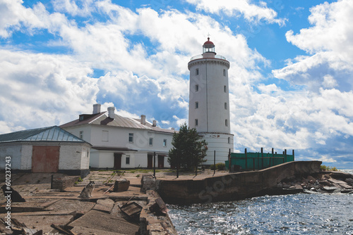 Tolbukhin island lighthouse, Saint-Petersburg, Kronstadt, Gulf of Finland view, Russia in a summer sunny day, lighthouses of Russia travel photo