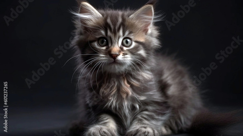 little fluffy kitten on a gray background looking up. studio portrait of gray kitten. AI Generative © We3 Animal