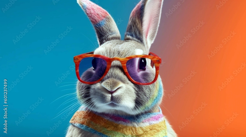 Little baby rabbit with cute fur and sunglasses. AI Generative