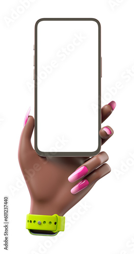 Left hand of black african american woman with green smart watch showing mobile phone with blank screen. Phone mockup Isolated on transparent background. 3D render