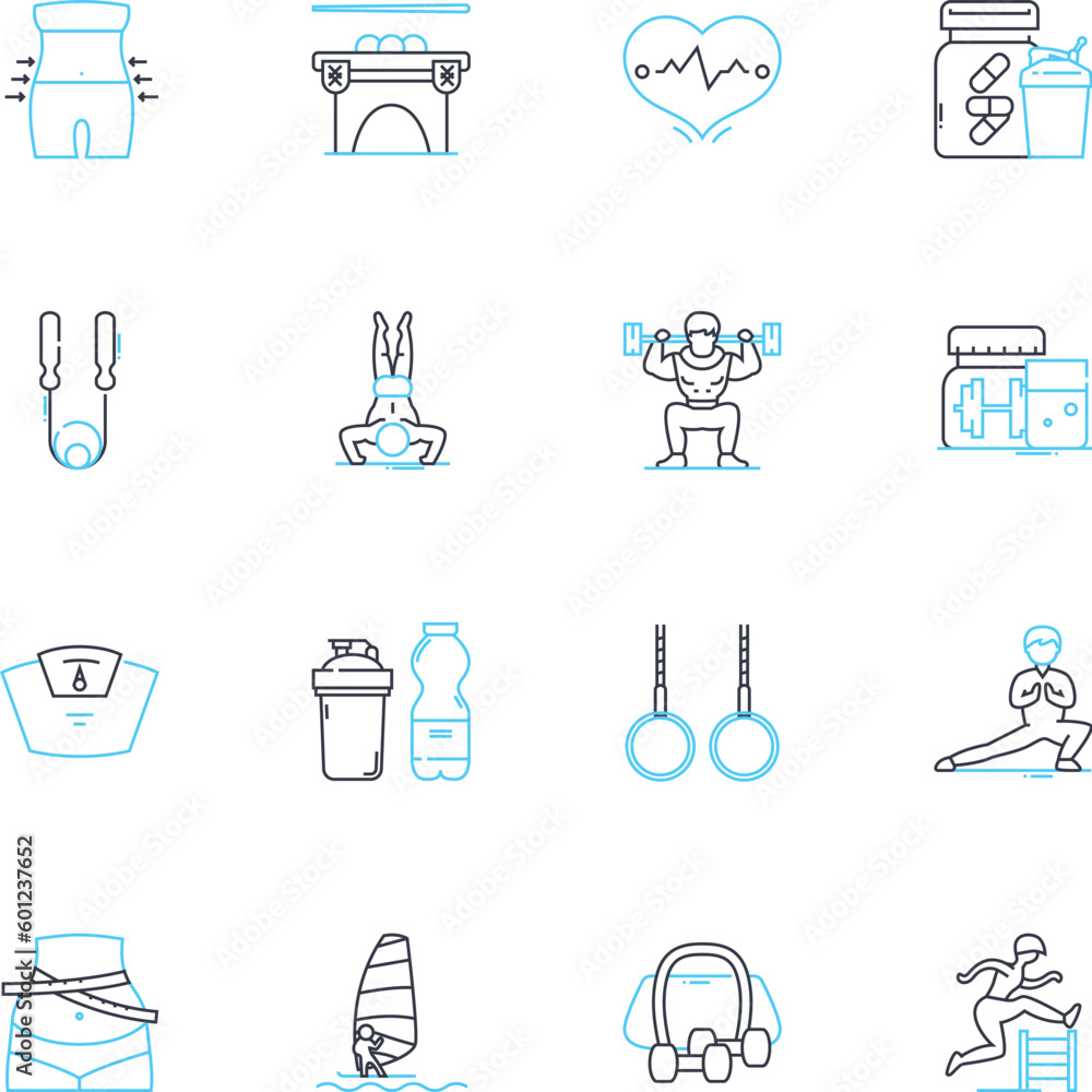 Lift weights linear icons set. Strength, Power, Fitness, Endurance, T, Muscles, Reps line vector and concept signs. Set,Resistance,Plateau outline illustrations Lift weights linear icons set. Strength, Power, Fitness, Endurance, T, Muscles, Reps line vector and concept signs. Set,Resistance,Plateau outline illustrations
