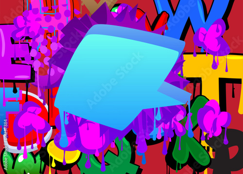 Blue Speech Bubble Graffiti with purple elements on abstract Background. Urban painting style backdrop. Busy discussion symbol in modern dirty street art decoration.