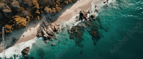Beach and waves from top view. Turquoise water background from top view. Summer seascape from air. Top view from drone. Travel concept and idea. Generative Ai.