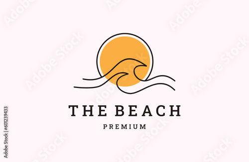 sun sunset sunrise with sea sea beach water logo icon vector in trend linear line .