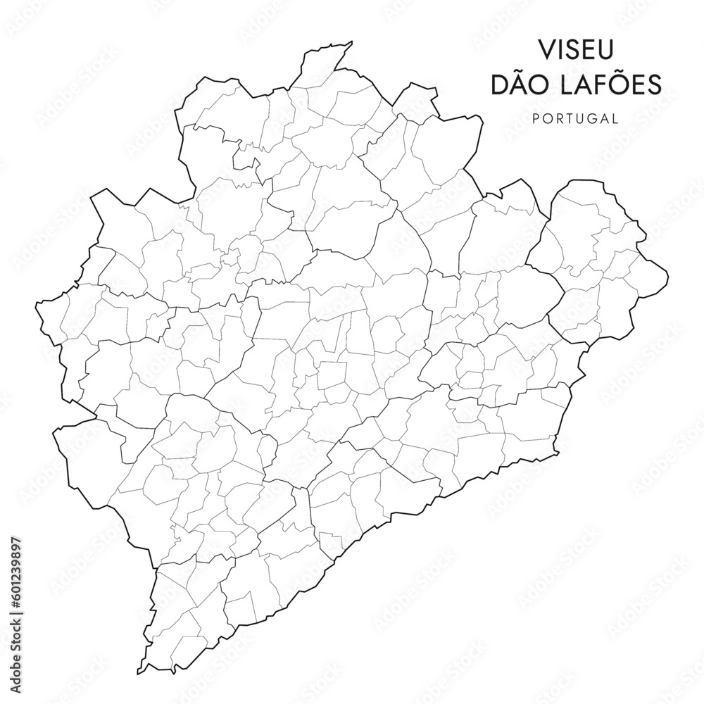 Vector Map of Viseu Dão-Lafões Subregion (Comunidade Intermunicipal) with administrative borders of Districts, Municipalities (Concelhos) and Civil Parishes (Freguesias) as of 2023 - Portugal