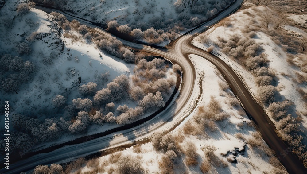 Aerial view on the road and forest at the winter time. Natural winter landscape from air. Forest under snow a the winter time. Generative Ai.