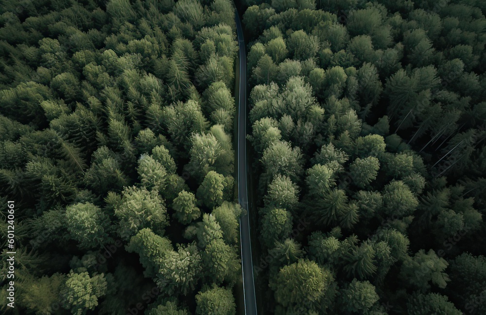 Top view of green forest landscape wallpaper art. Aerial nature scene of pine trees and asphalt road banner design. Countryside path trough coniferous wood form above. Generative Ai. Top view of green forest landscape wallpaper art. Aerial nature scene of pine trees and asphalt road banner design. Countryside path trough coniferous wood form above. Generative Ai.
