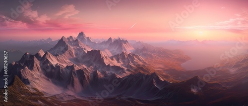 Aerial View from Airplane of Snow Covered Mountain Landscape in Winter. Colorful Pink Sky Art Render. Generative Ai.