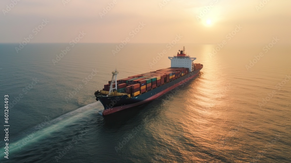Aerial top view of cargo maritime ship with contrail in the ocean ship carrying container and running for export concept technology freight shipping by ship forwarder mast. Generative Ai. Aerial top view of cargo maritime ship with contrail in the ocean ship carrying container and running for export concept technology freight shipping by ship forwarder mast. Generative Ai.