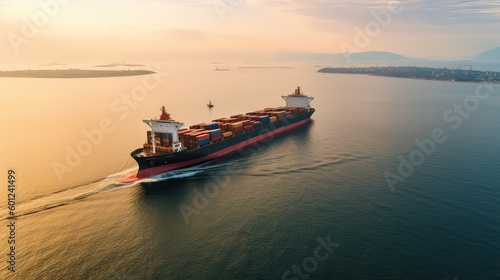 Aerial top view of cargo maritime ship with contrail in the ocean ship carrying container and running for export concept technology freight shipping by ship forwarder mast. Generative Ai.