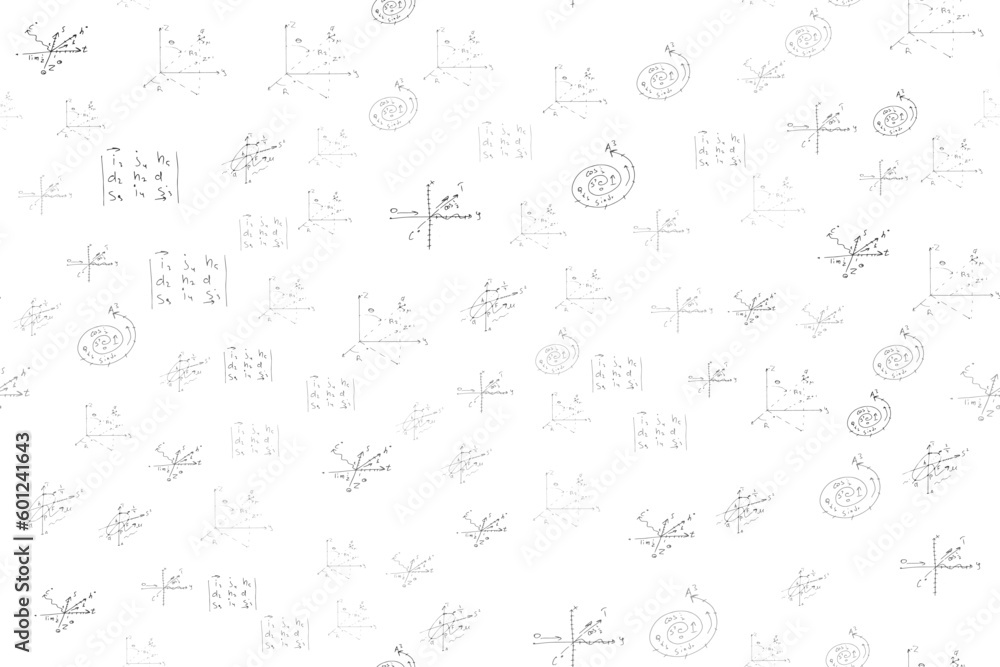 mathematical, physical, algebraic formulas and expressions. The scientific, vector background is hand-drawn on a white board.