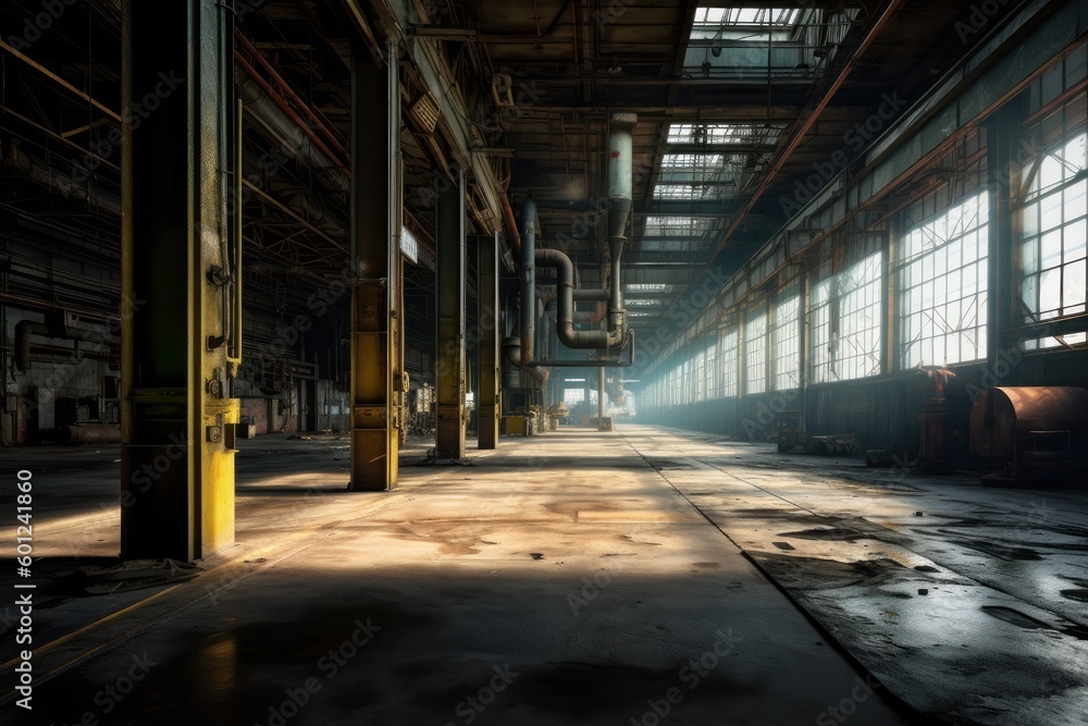 外からの光が入る古びた倉庫、中は何もない倉庫、ジェネレーティブ、AI