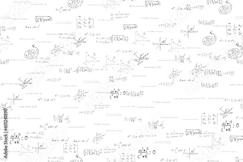 mathematical, physical, algebraic formulas and expressions. The scientific, vector background is hand-drawn on a white board.