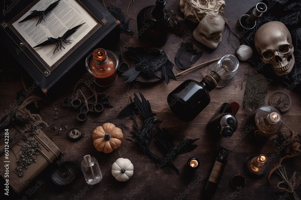Halloween rustic ornament flatlay composition. Halloween decor on dark wooden background. Generative AI. Halloween rustic ornament flatlay composition. Halloween decor on dark wooden background. Generative AI.
