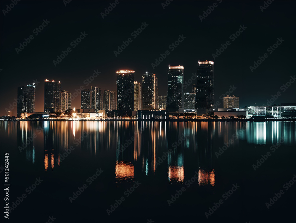 A city skyline with a reflection on the water. A city skyline with a reflection on the water.