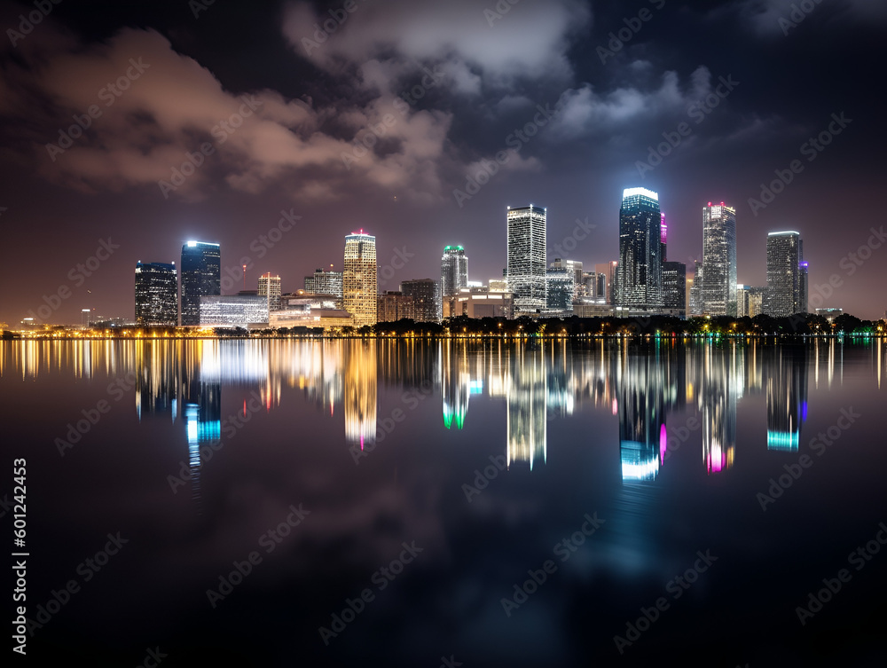 Naklejka premium A city skyline with a reflection on the water.