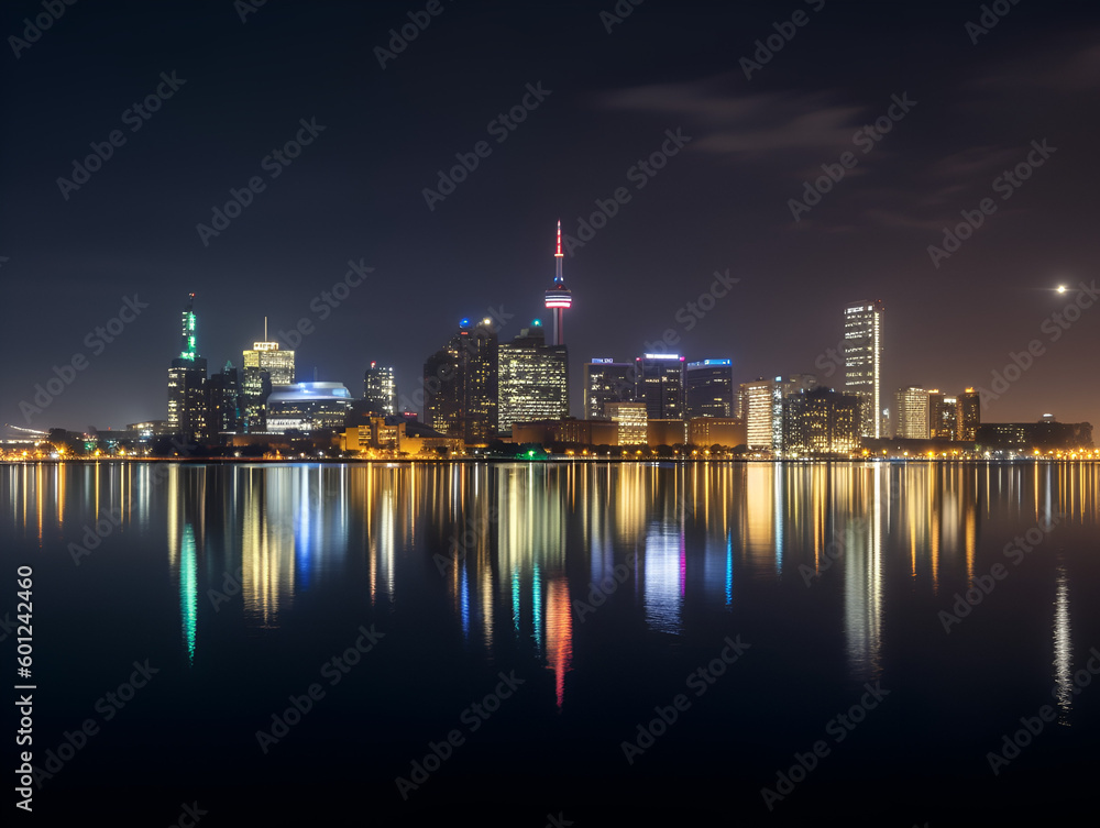 Fototapeta premium A city skyline with a reflection on the water.