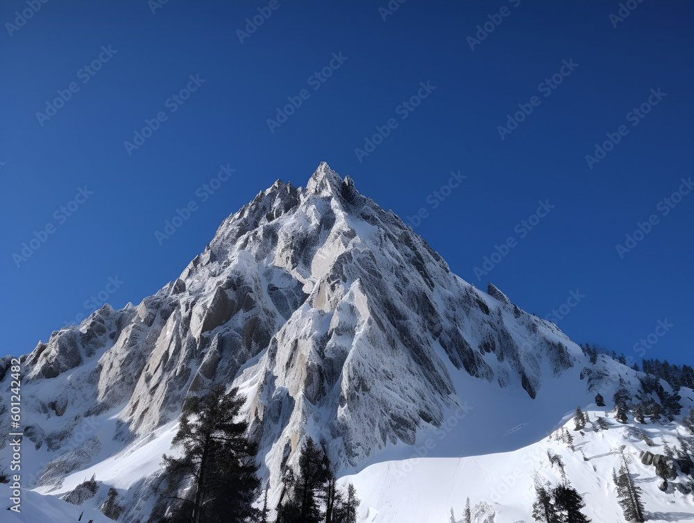 A snowy mountain with a clear blue sky.
