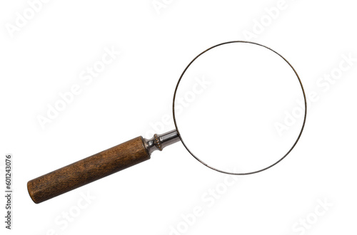 Old antique magnifying glass isolated cutout on transparent photo