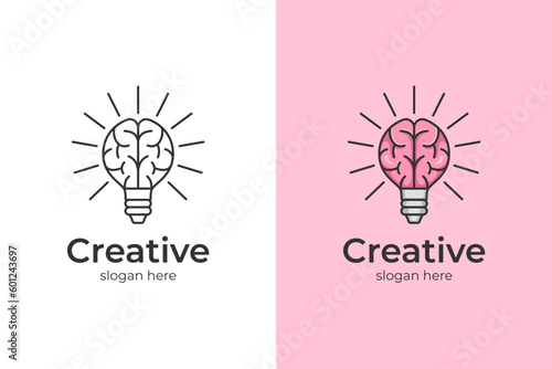 creative brain logo icon design with light bulb vector element symbol. creative idea logos, smart idea illustration