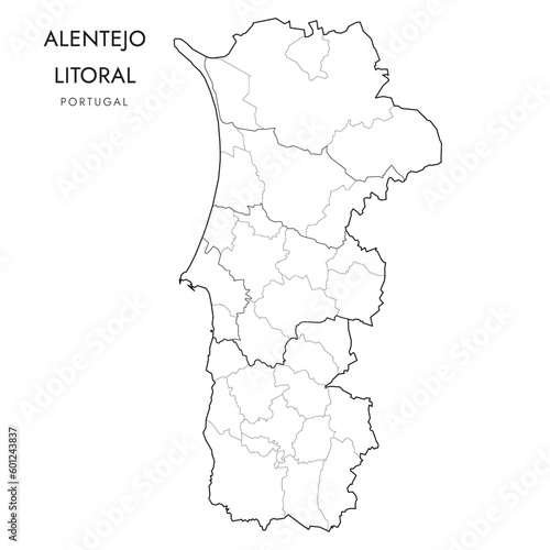 Vector Map of Littoral Alentejo Subregion (Comunidade Intermunicipal do Alentejo Litoral) with borders of Districts, Municipalities (Concelhos) and Civil Parishes (Freguesias) as of 2023 - Portugal