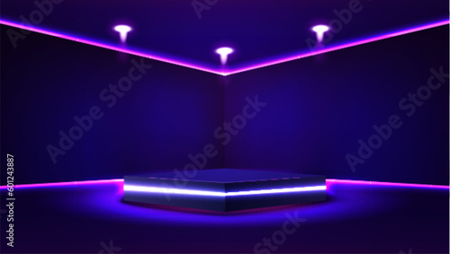 Theme product display podium neon laser background. Vector.