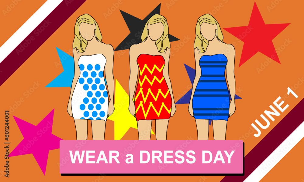 3 women wearing different patterned dresses against a background of colored stars to commemorate Wear a Dress Day
3 women wearing different patterned dresses against a background of colored stars to commemorate Wear a Dress Day