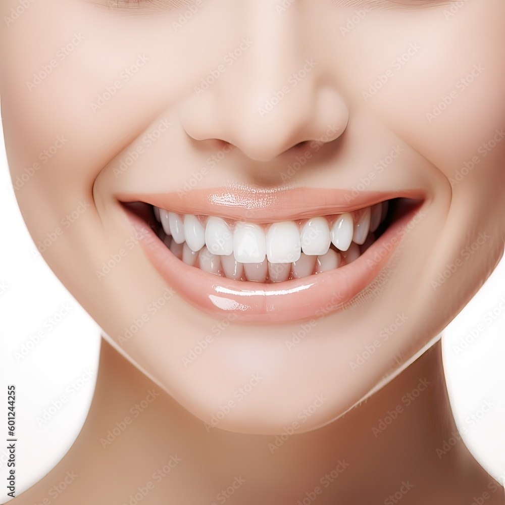 Obraz premium Close up cropped half face portrait of attractive, nude, natural, perfect, ideal girl with healthy white teeth isolated on beige background, perfection, wellness, wellbeing. Generative Ai.