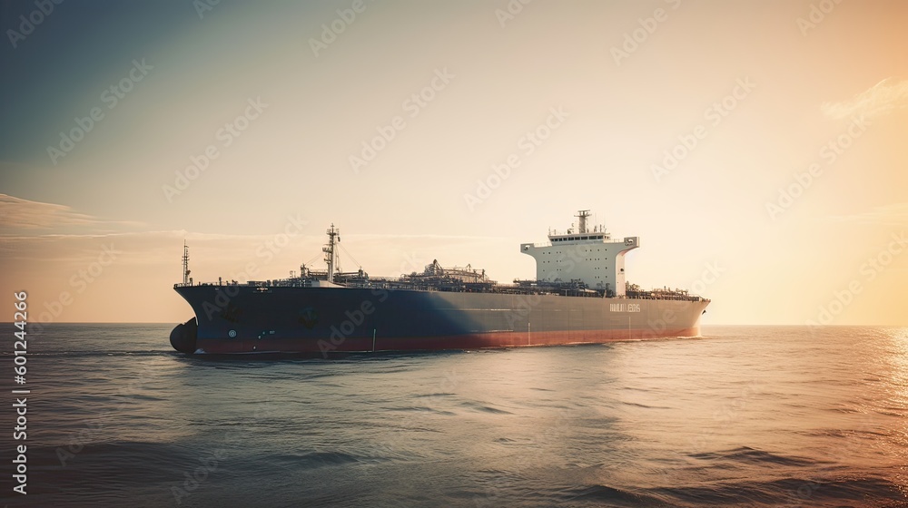 Aerial drone photo of large Liquefied Petroleum Gas tanker or LPG anchored in deep blue ocean sea. Generative Ai.