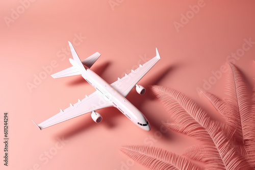 Creative composition made with passenger plane on pastel background. Summer travel or vacation pattern. Airline concept travel plane passengers, generative AI