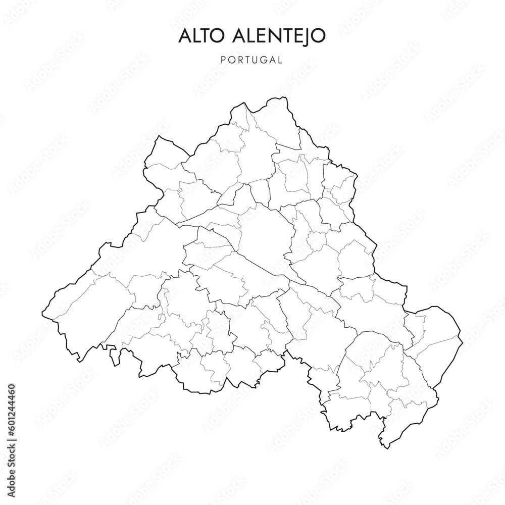 Vector Map of Upper Alentejo Subregion (Comunidade Intermunicipal do Alto Alentejo) with borders of District, Municipalities (Concelhos) and Civil Parishes (Freguesias) as of 2023 - Portugal