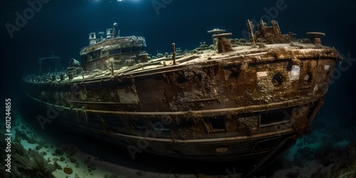 a large rusted ship in the middle of the ocean