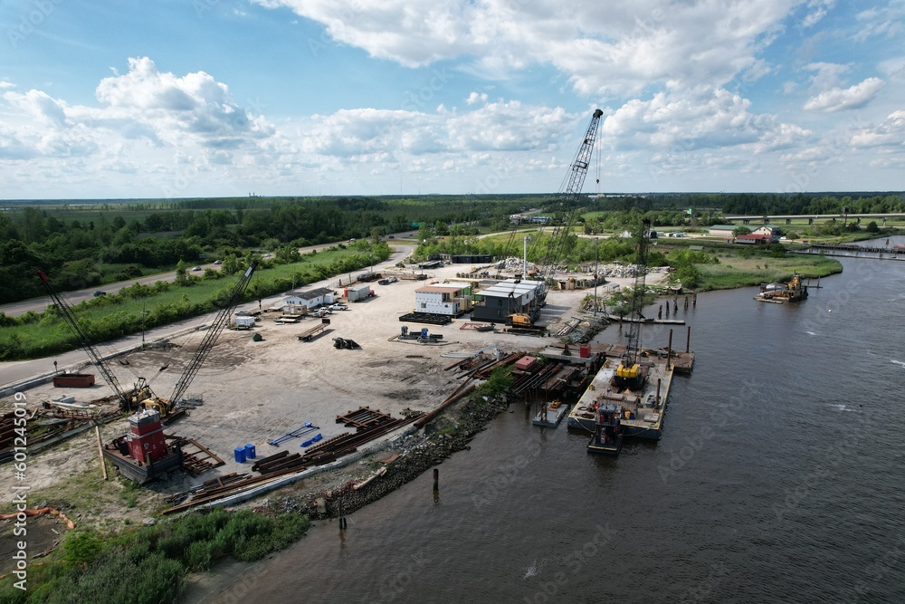 Aerial views from over a construction site on the waterfront of Wilmington, North Carolina.