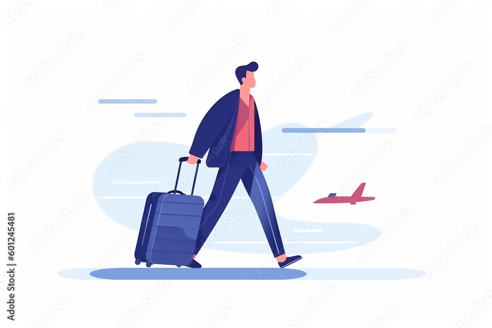 Generative AI. Young man with travel suitcase, backpack and mobile phone hurry to the plane. Business trip, summer vacation, recreation or tourism concept. Flat vector illustration.
