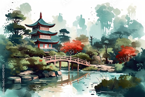 japanese landscape in watercolor with a fairy garden  ink landscape painting created digitally Generative AI