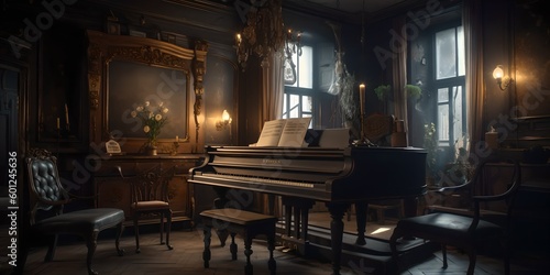 a grand piano in a dark room with a chandelier