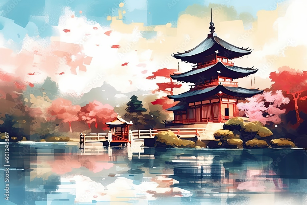 Fototapeta premium japanese landscape in watercolor with a fairy garden, ink landscape painting created digitally Generative AI