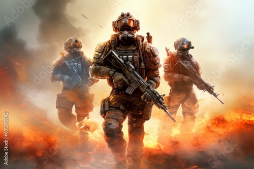 Fotografia Video game cover of the military in combat, generative Ai image