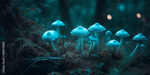 a group of blue mushrooms sitting on top of a forest floor