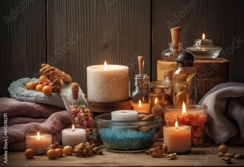 Spa stones, towel and candles on color background. Spa composition and treatments on light wooden background, close-up. Generative Ai
