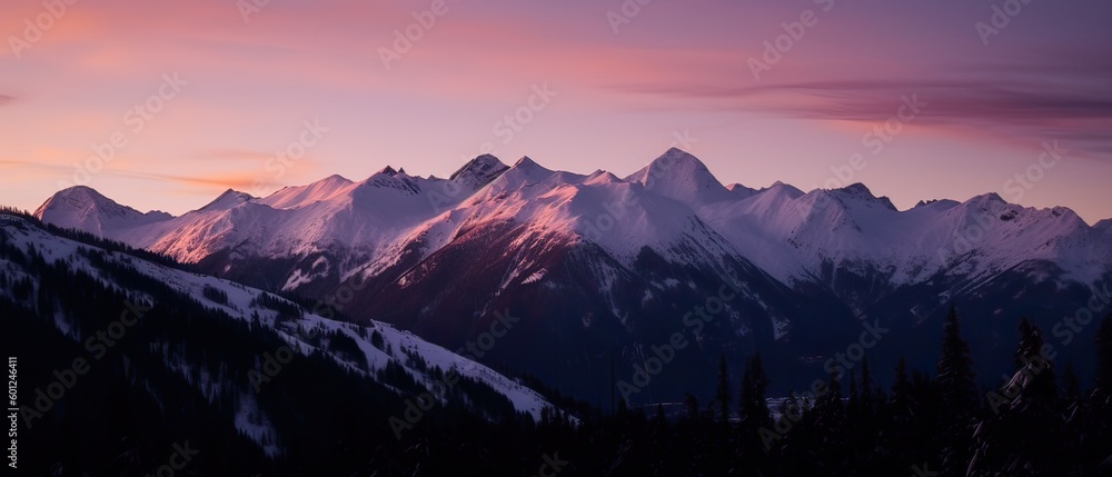 Aerial View from Airplane of Snow Covered Mountain Landscape in Winter. Colorful Pink Sky Art Render. Generative Ai. Aerial View from Airplane of Snow Covered Mountain Landscape in Winter. Colorful Pink Sky Art Render. Generative Ai.